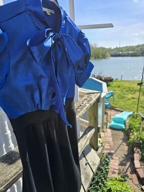 BeBop Blue and Black Midi Dress with Bow Tie Neck